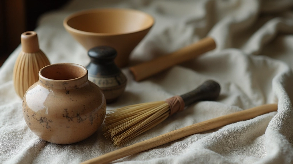 Display of traditional Japanese cultural items including tea ceremony set and calligraphy brush