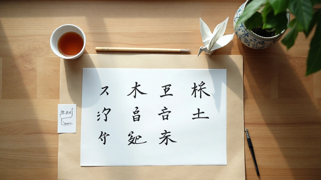 Japanese characters and cultural artifacts arranged on a wooden surface with natural light