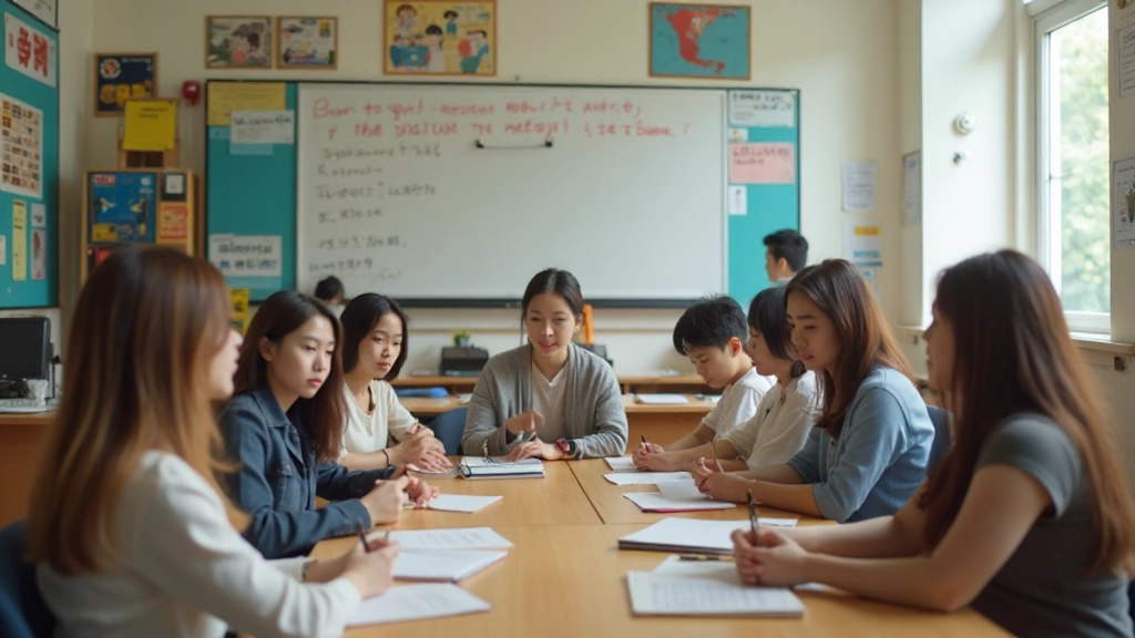 Japanese language learning classroom with cultural decorations and engaged students