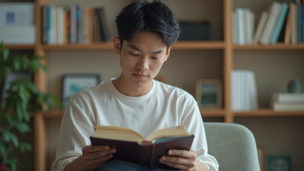 Student reading Japanese textbook with confidence, understanding hiragana and katakana text