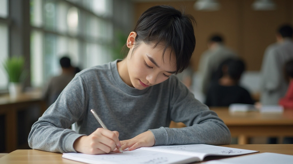 Student practicing hiragana writing with pen and notebook, focused learning session at desk
