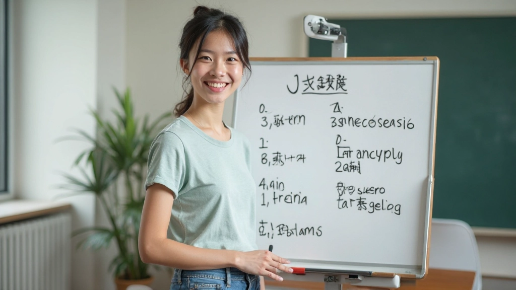 Student holding a whiteboard with sentence breakdown showing subject particle adjective structure with color-coded grammatical components, modern classroom setting with warm lighting