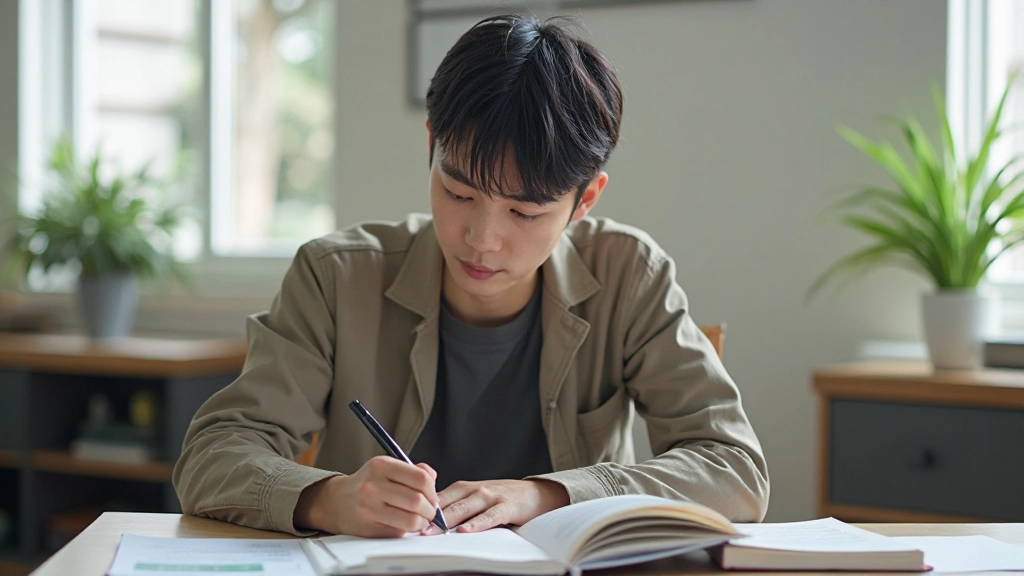 Student writing Japanese characters in a notebook with study materials spread across desk