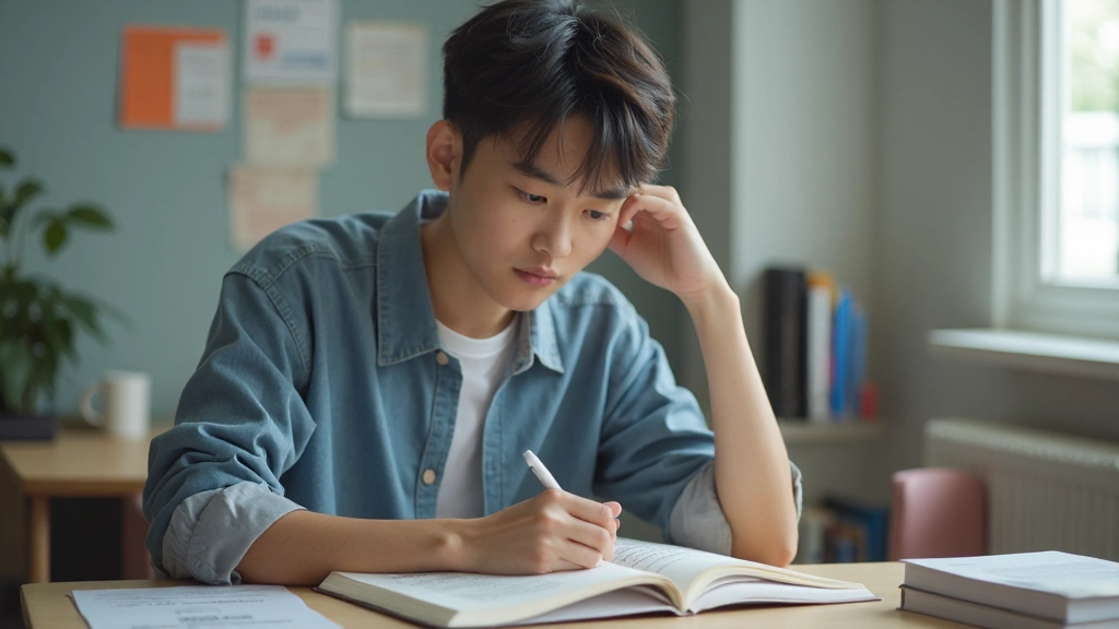 Student studying Japanese language materials at desk with notebooks and cultural reference books visible