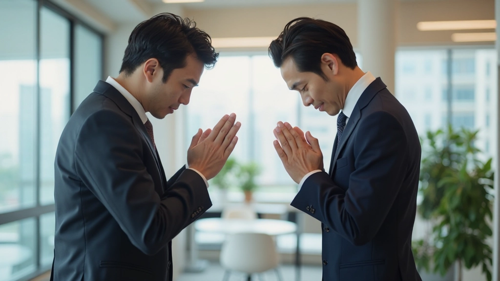 Two people in business attire bowing respectfully to each other in traditional Japanese greeting pose in modern office setting