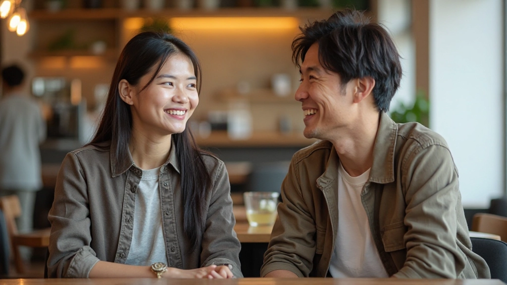 Close-up of two people smiling during a casual conversation in a bright café setting, natural lighting